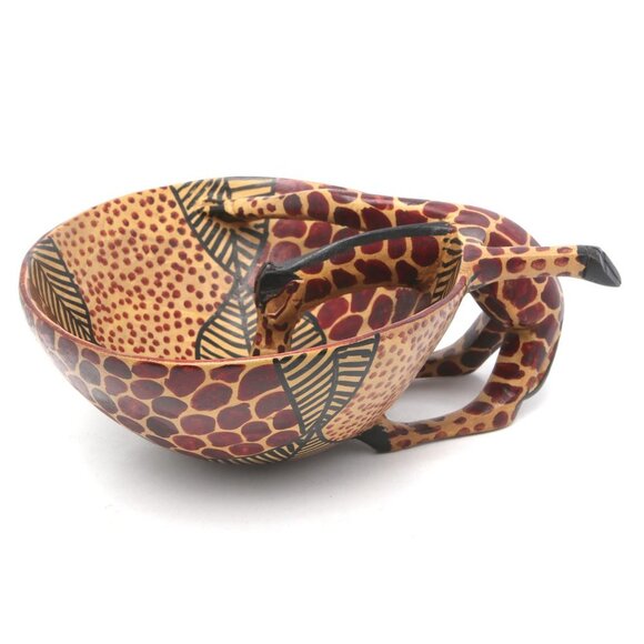 African Wood Giraffe Bowl Kenya Decor Spotted Lightweight Art Fruit Bowl Handle - Picture 9 of 11